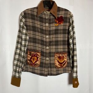 Paul Ropp Plaid Cotton Button Up Jacket Chenille Embroidery Boho‎ Art to Wear S